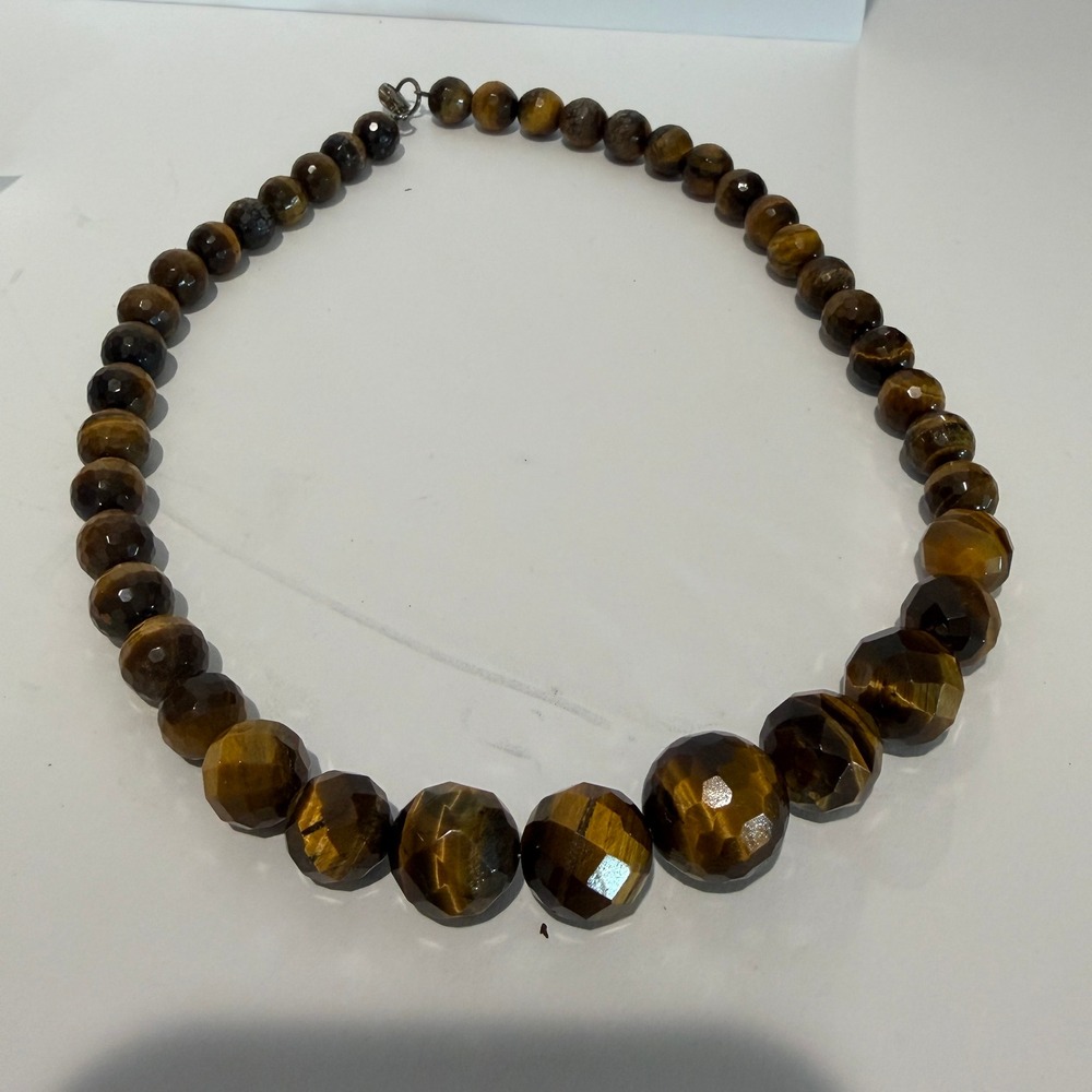 Natural Tiger's Eye Graduated Faceted Necklace 18" 925 Sterling Silver